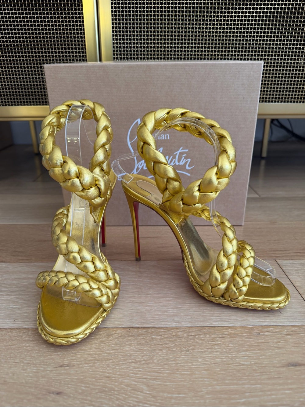 New Christian Louboutin Fatima 120 Gold Braided Leather Sandals 8.5 with box - Picture 2 of 8